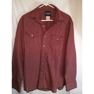 Wrangler Western Shirt Plaid Long Sleeve‎ Pearl Snap Front Pockets Red L